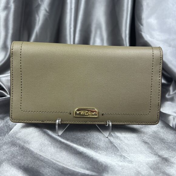 RLL Lauren Ralph Lauren Leather Bifold Wallet Olive Green Gold Logo Snap Closure - Picture 1 of 14